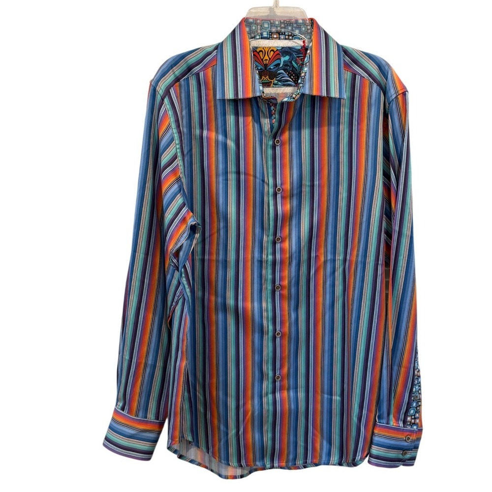 Robert Graham Mens Large Classic Fit Multicolor Striped Long Sleeve Button Shirt